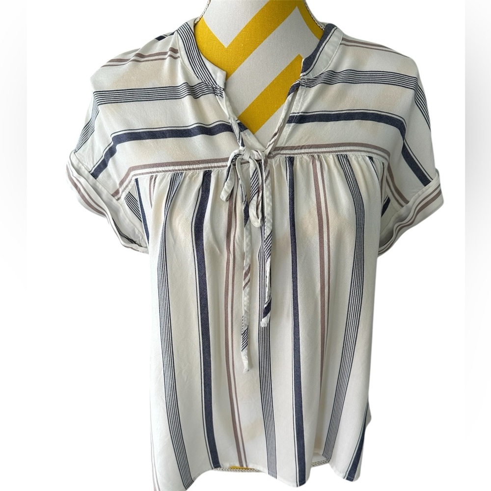 Striped V-Neck Blouse - White and Blue